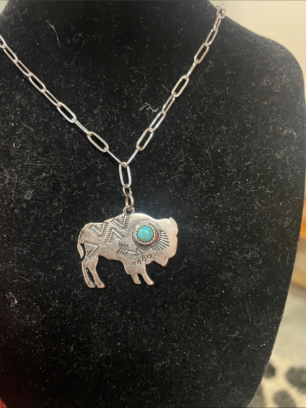 Turquoise Accent Buffalo Pendant Necklace - Silver Chain